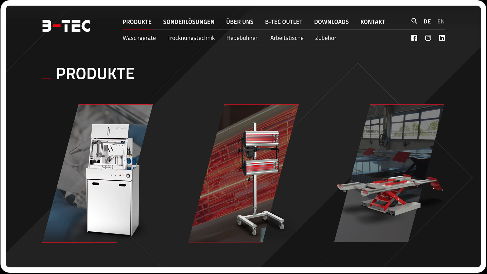 Ausschnitt der Website, Bereich „Produkte“