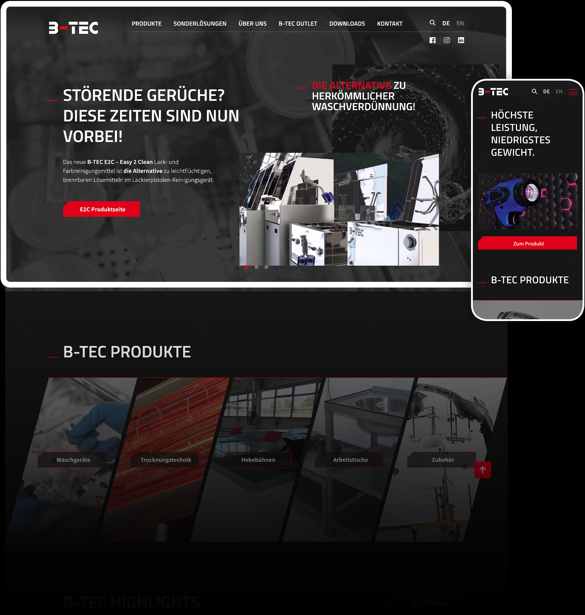Startseite der Website von B-Tec auf Desktop und Smartphone