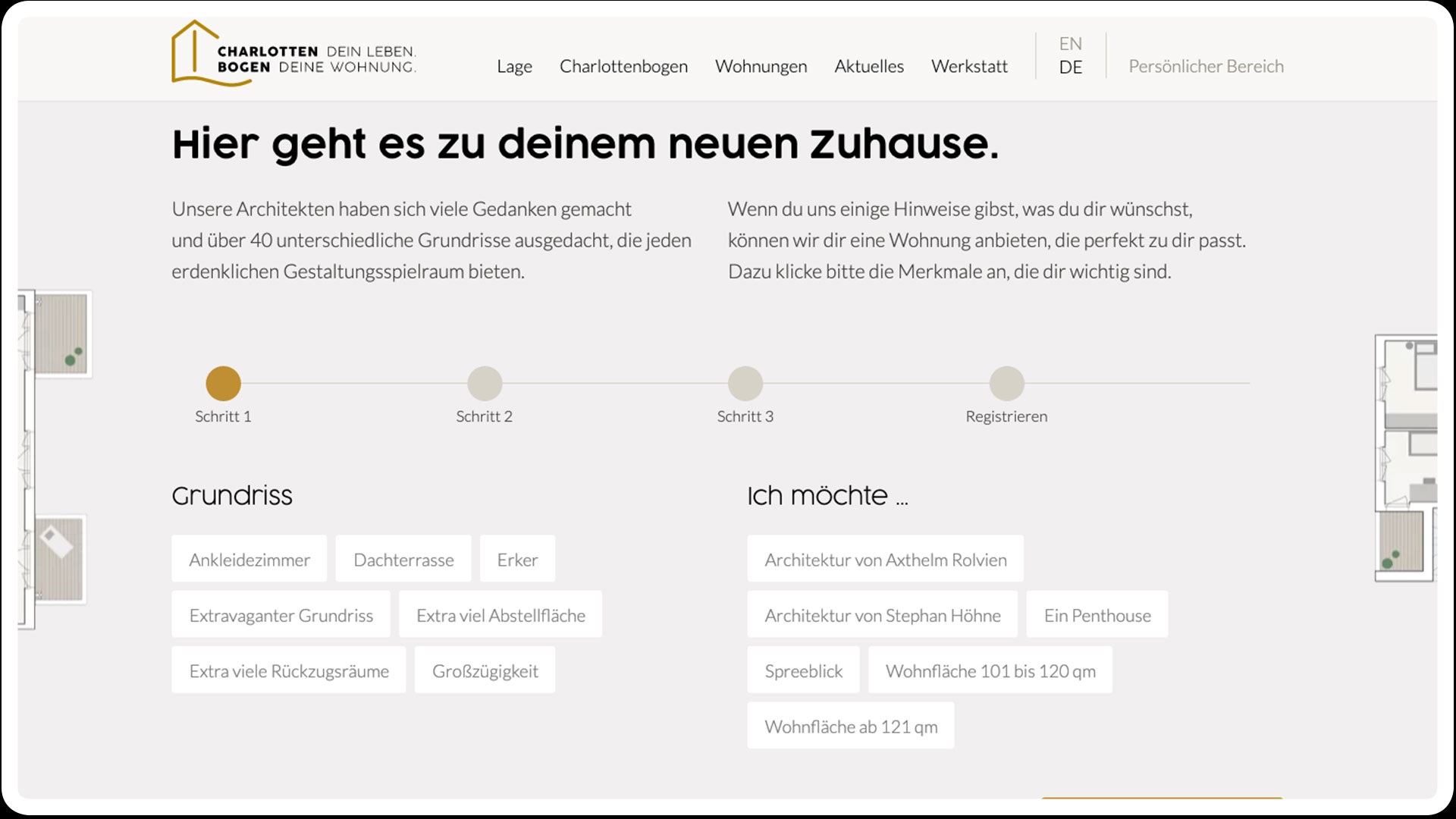 Ausschnitt der Charlottenbogen-Website, Grundriss-Auswahl-Filter