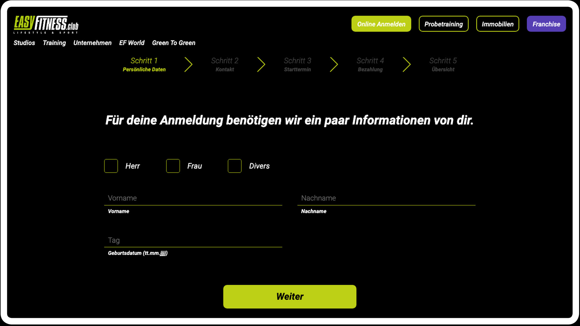 Anmeldeformular auf der EasyFitness-Website