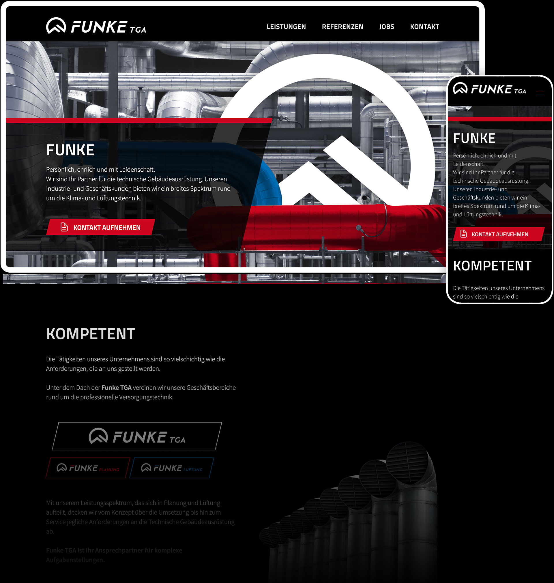Startseite der Website von Funke TGA auf Desktop und Smartphone
