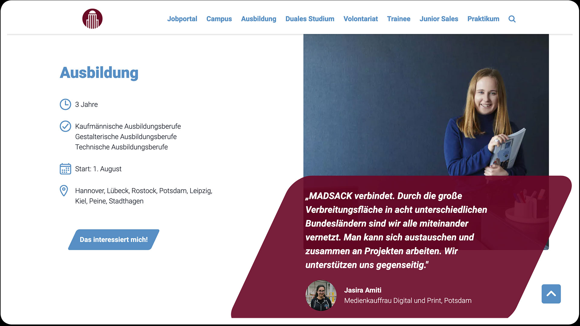 Ausschnitt der Website, Bereich „Ausbildung“
