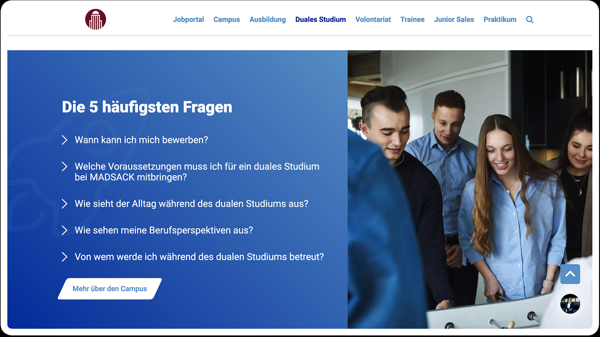 Ausschnitt der Website, Bereich „Die 5 häufigsten Fragen“
