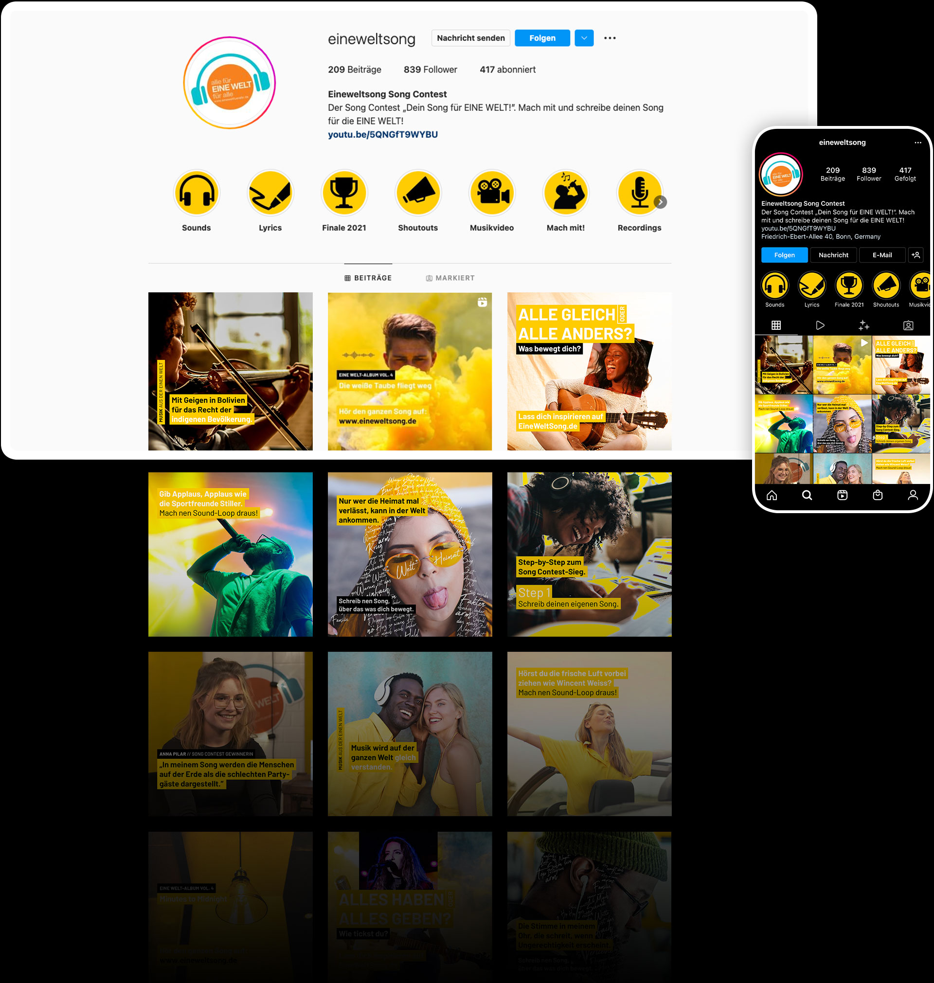 Übersicht des Instagram-Kanals
EineWeltSong