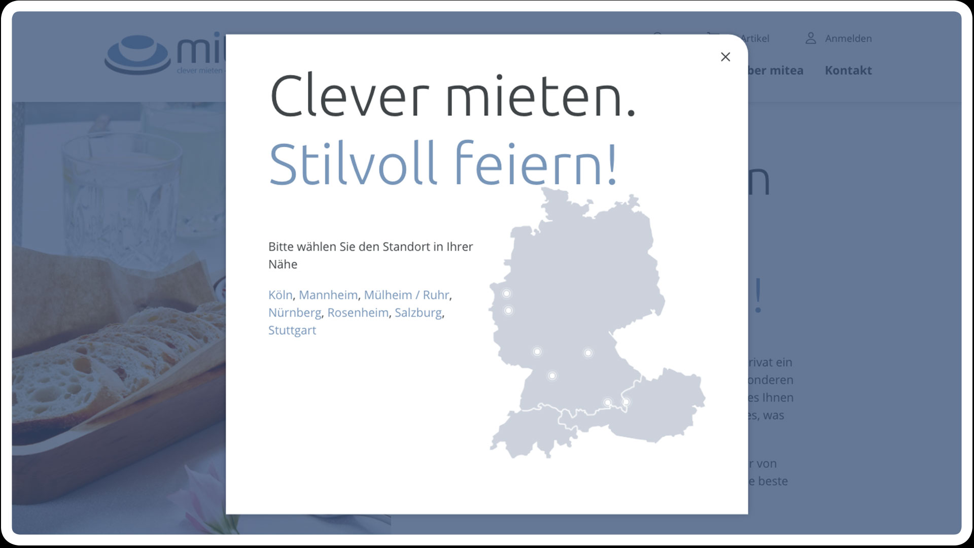 Ausschnitt der Mitea-Website, Landkarte mit Standortauswahl
