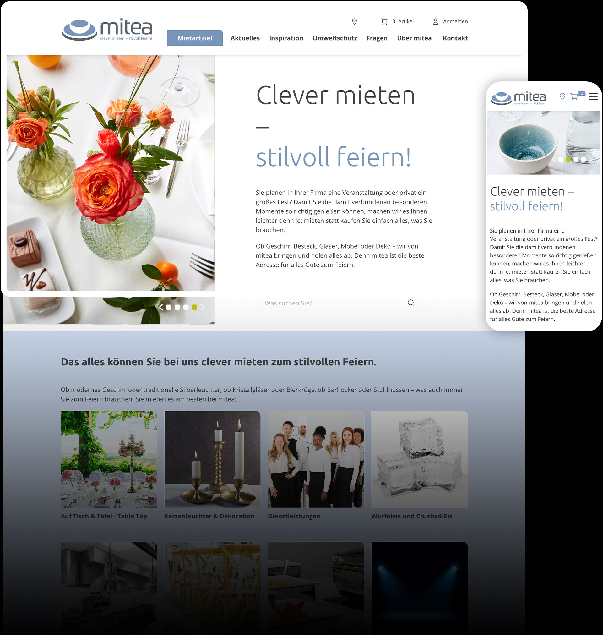 Startseite der Mitea-Website auf Desktop und Smartphone