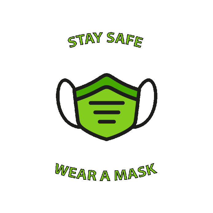 GIF: schaukelndes Icon einer medizinischen Maske mit der Textzeile „Stay save, wear a mask“